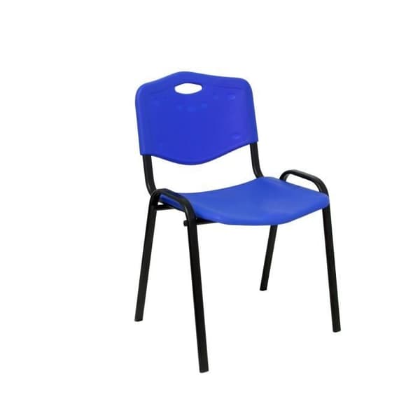 Paket med 4 konfidentiella, ergonomiska, stapelbara multifunktionsstolar med svart struktur. sits och ryggstöd i blå PVC.