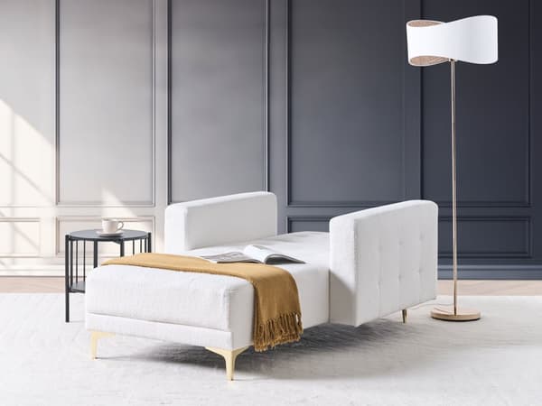 Chaiselong Hvid Boucle Daybed med Ryglæn Gæsteseng Multifunktionel Chaise med Splitback Sofa Moderne til Stuen med Sovefunktion