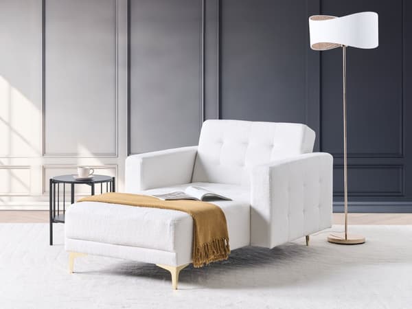 Schäslong Modern Vit Boucle Tyg Guld Ben Liggande Quiltad Dagbädd Vardagsrum