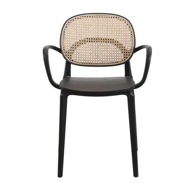 Soffa med svart struktur, trä sits och naturlig flätning