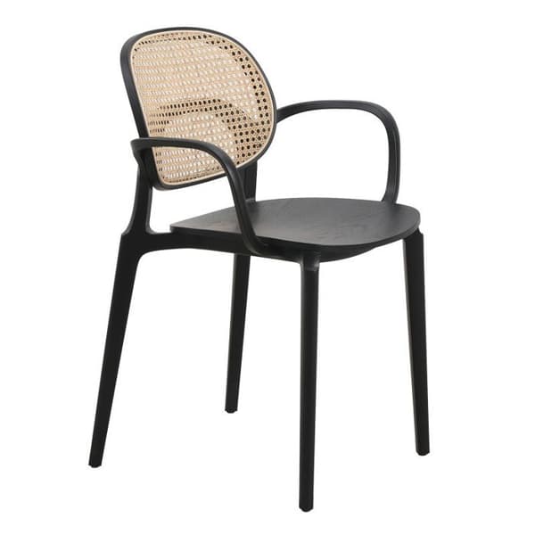 Soffa med svart struktur, trä sits och naturlig flätning