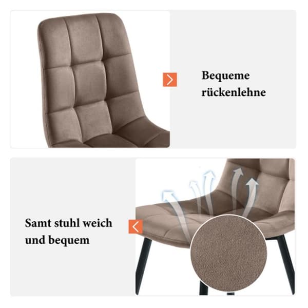 Matstolar (4 st), brun, Set med 4 designstolar med vadderad rygg och sits i sammet, metallstruktur