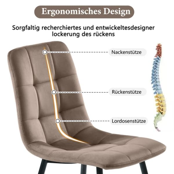 Matstolar (4 st), brun, Set med 4 designstolar med vadderad rygg och sits i sammet, metallstruktur