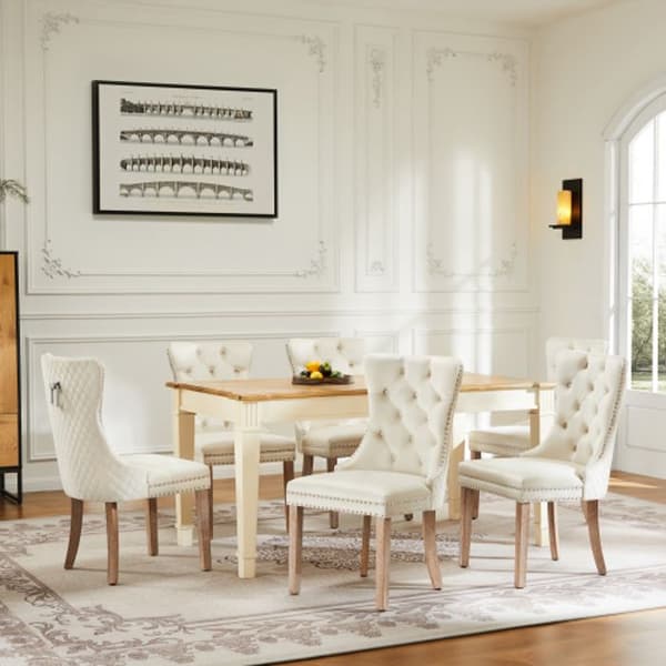 Matstol med fyra ben, avslappnad fåtölj, enkel fåtölj (6 stycken), massiv träram, beige