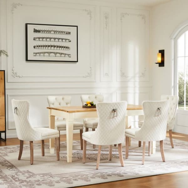 Matstol med fyra ben, avslappnad fåtölj, enkel fåtölj (6 stycken), massiv träram, beige