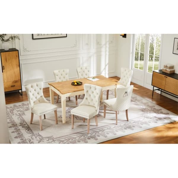 Matstol med fyra ben, avslappnad fåtölj, enkel fåtölj (6 stycken), massiv träram, beige
