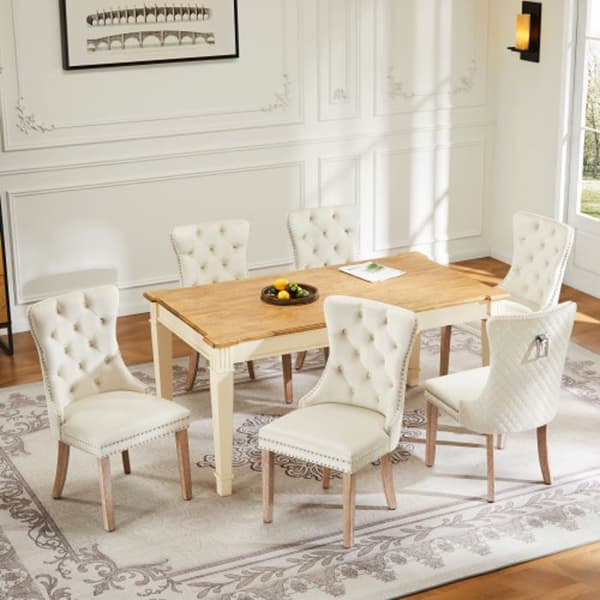 Matstol med fyra ben, avslappnad fåtölj, enkel fåtölj (6 stycken), massiv träram, beige