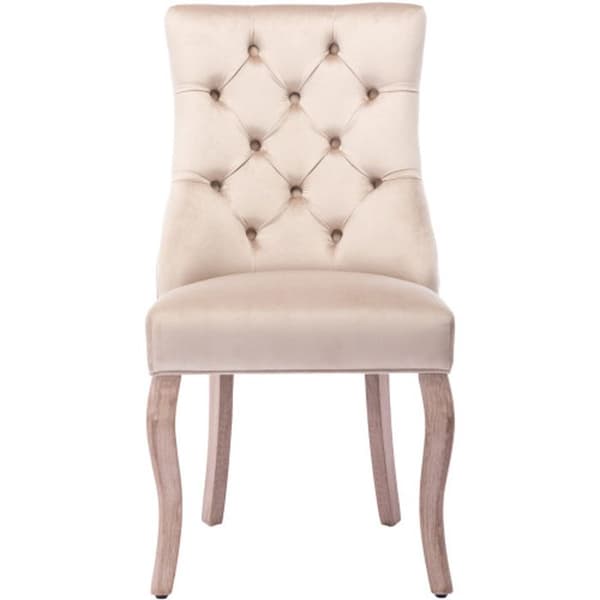 Fyrkantig stol, matstols i beige sammet med quiltning, ram i massivt trä (set om 2)