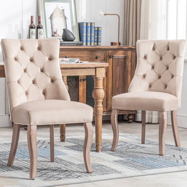 Fyrkantig stol, matstols i beige sammet med quiltning, ram i massivt trä (set om 2)