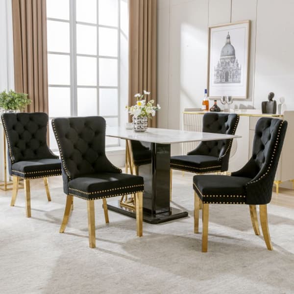 Matstol (ryggstöd med unika rundade drag, 4 ben), ben i gyllene rostfritt stål, svart/guld