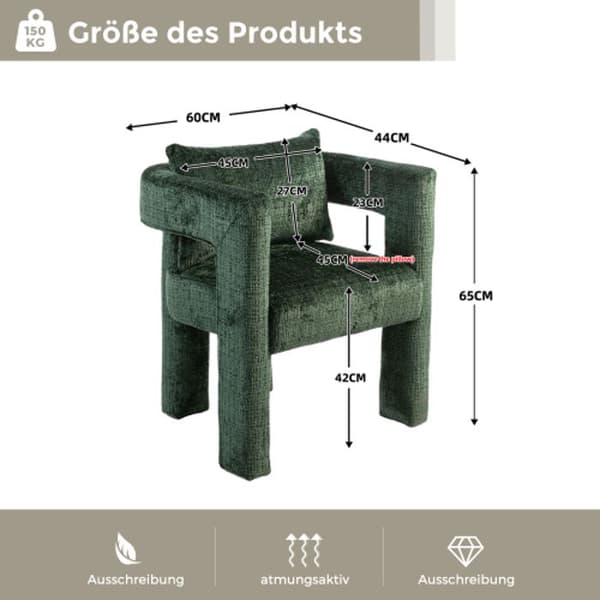 Chenille Single Lounge Chair, Matstol med ihåliga armstöd, Vardagsrum, Matsal, Sovrum, Grön