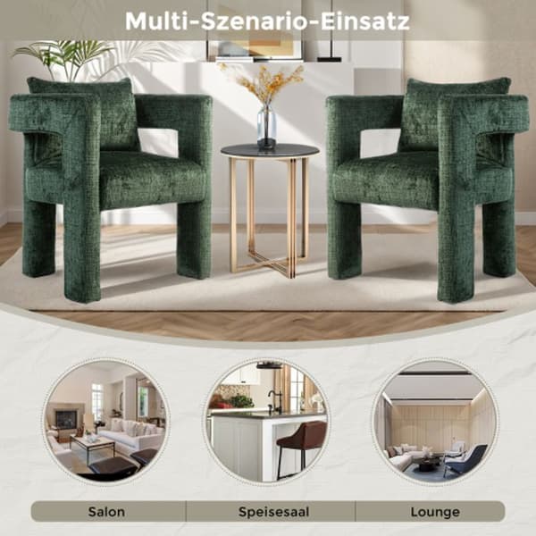 Chenille Single Lounge Chair, Matstol med ihåliga armstöd, Vardagsrum, Matsal, Sovrum, Grön