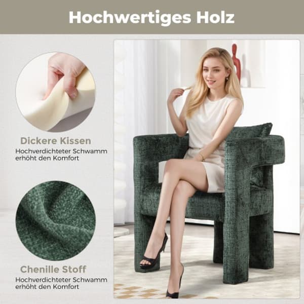 Chenille Single Lounge Chair, Matstol med ihåliga armstöd, Vardagsrum, Matsal, Sovrum, Grön