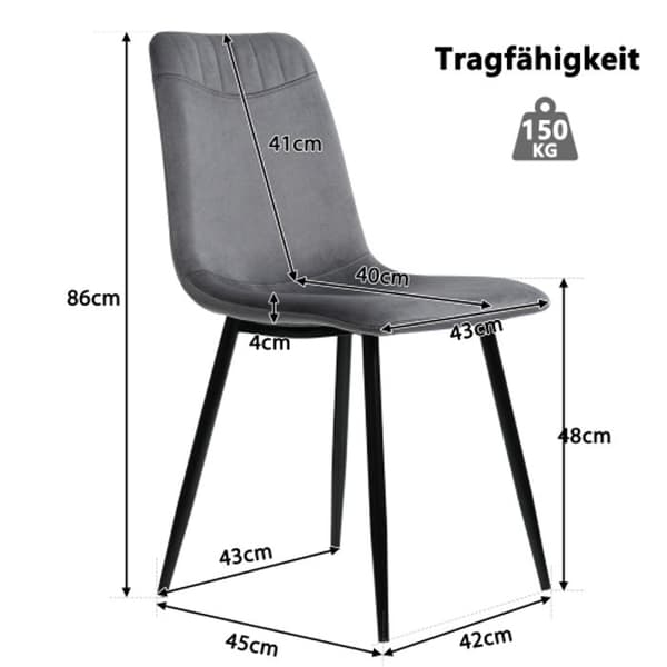 Matsalsstolar (4 st), mörkgrå, sammetstol med ryggstöd, sits i metall