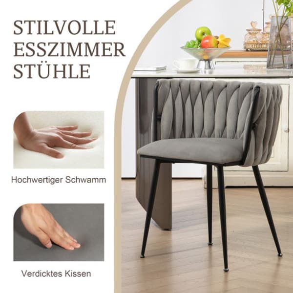 Sammetsmatsalsstolar med guldmetallben, handvävd design och mjuka kuddar, grå (set med 2)