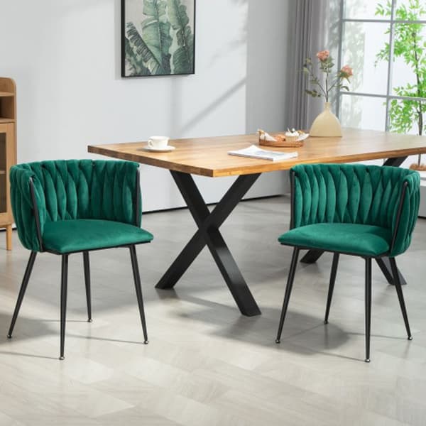 Sammetsmatsalsstolar med guldmetallben, handvävd design och mjuka kuddar, grön (set med 2)