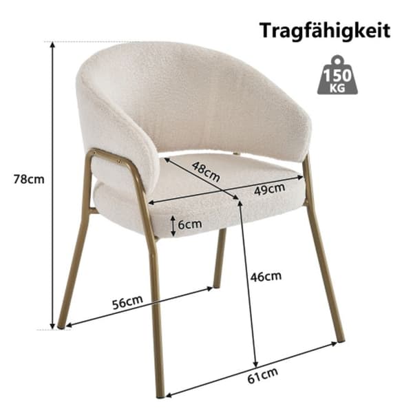 Vit stole i hvid lammeskind, gyldne spisebordsstole (2 stk), gyldne stoleben til spisestuen