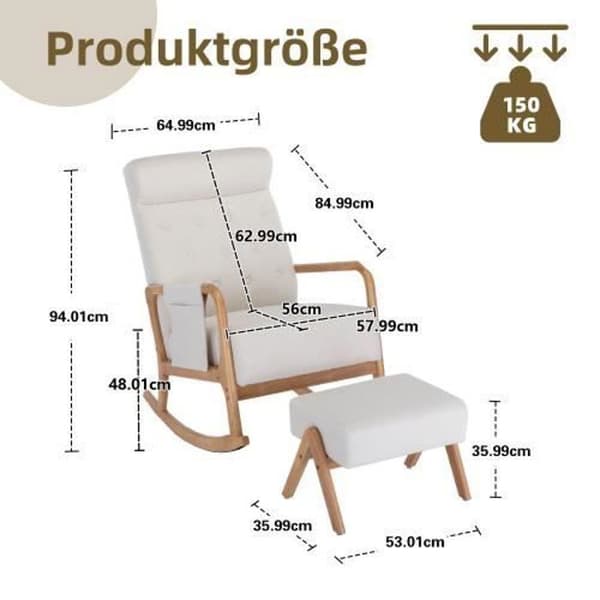 Stol, soffa, gungstol i trä, för vardagsrum Bekväm gungstol med ottoman, vit (med liten pall)