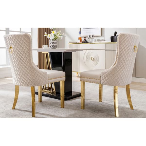 Matstol, klädd, stativ i rostfritt stål i guld, klädsel i sammet, beige/guld