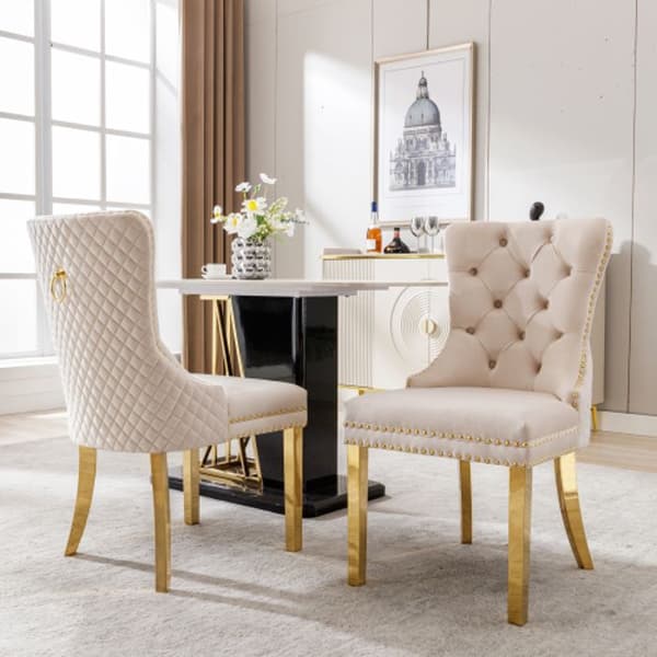 Matstol, klädd, stativ i rostfritt stål i guld, klädsel i sammet, beige/guld