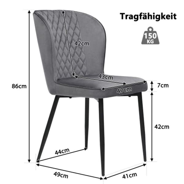 Matsalstol (4 stycken), mörkgrå, Designstol med stoppad rygg, sits i sammet, struktur i metall