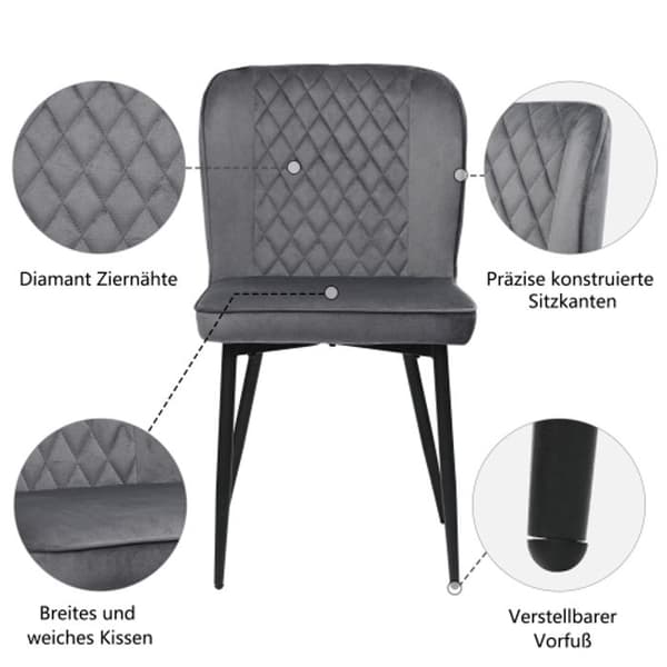 Matsalstol (4 stycken), mörkgrå, Designstol med stoppad rygg, sits i sammet, struktur i metall