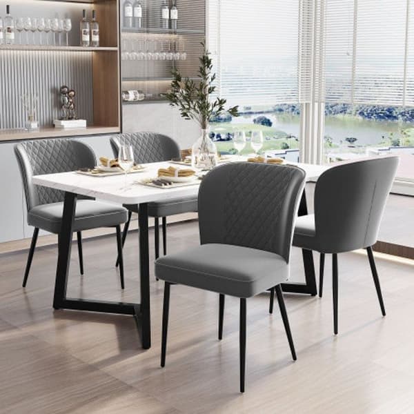 Matsalstol (4 stycken), mörkgrå, Designstol med stoppad rygg, sits i sammet, struktur i metall