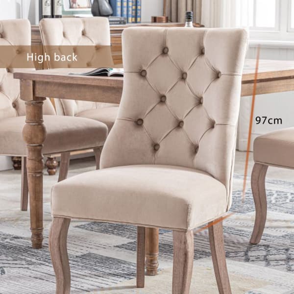 Chaise4pieds, Beige sammetsstol, matstol, hög rygg, med knappdetaljer, massiv trästruktur, Beige Set4St