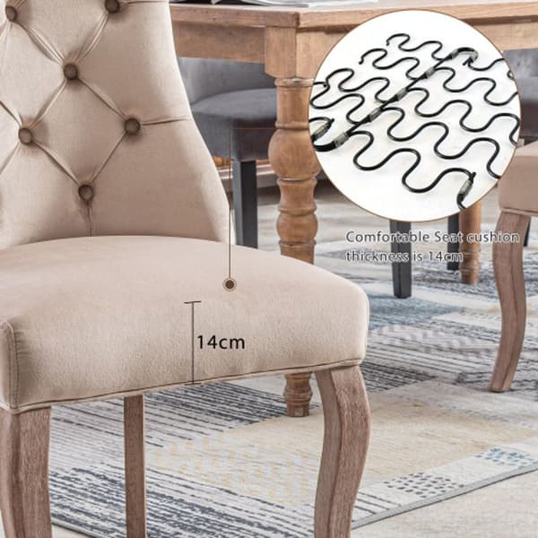 Chaise4pieds, Beige sammetsstol, matstol, hög rygg, med knappdetaljer, massiv trästruktur, Beige Set4St