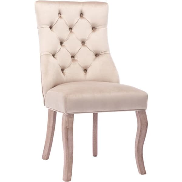 Chaise4pieds, Beige sammetsstol, matstol, hög rygg, med knappdetaljer, massiv trästruktur, Beige Set4St