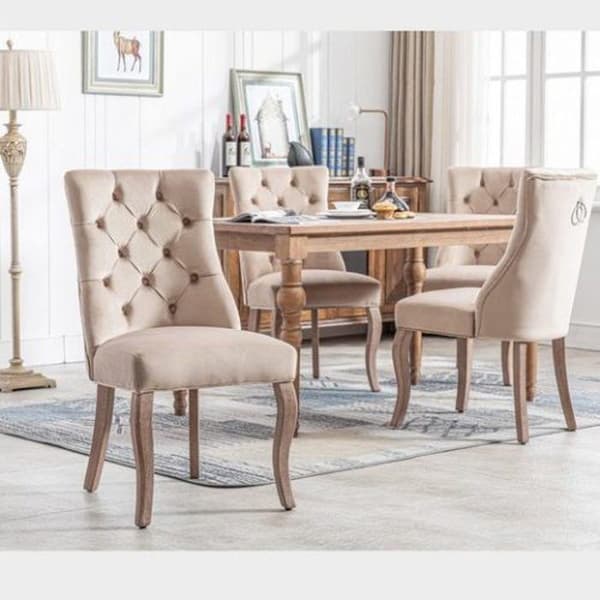 Chaise4pieds, Beige sammetsstol, matstol, hög rygg, med knappdetaljer, massiv trästruktur, Beige Set4St