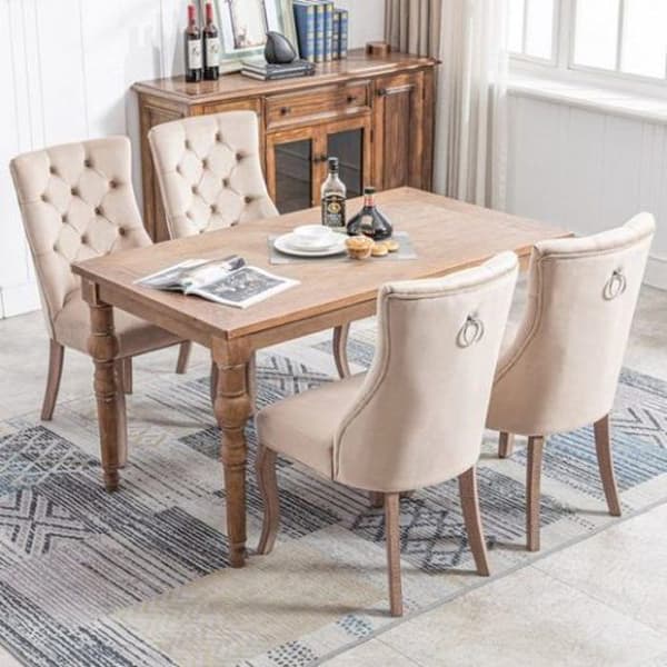 Chaise4pieds, Beige sammetsstol, matstol, hög rygg, med knappdetaljer, massiv trästruktur, Beige Set4St