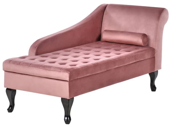 Chaiselong Lyserød Velour Sorte Træben 2 Personers Blød Polstret Hjørnesofa Daybed med Opbevaring Stue Retro Rygpuder Tilbehør Inspiration