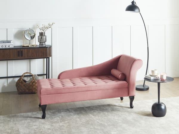Chaiselong Lyserød Velour Sorte Træben 2 Personers Blød Polstret Hjørnesofa Daybed med Opbevaring Stue Retro Rygpuder Tilbehør Inspiration