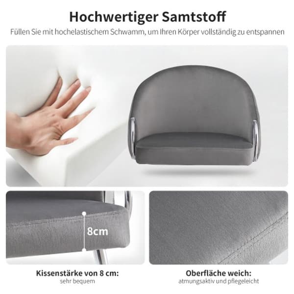 Högkvalitativ sammetsmatstol (4 stycken) med justerbara ben i galvaniserat stål i silverfärg.