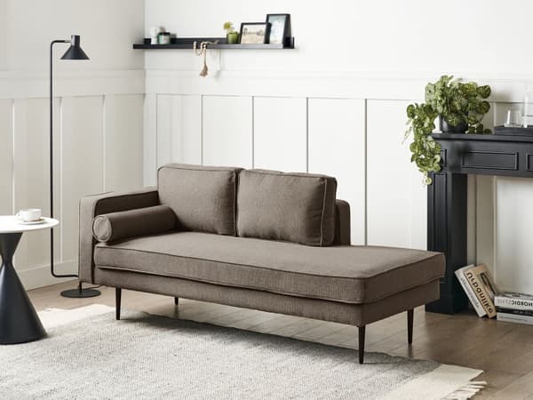 Sofa Chaiselong Brun Velour Sort Metalben Blød Hjørnesofa Daybed med Ryg Venstrevendt Tilbehør Pude Stue Inspiration Glamour Eklektisk