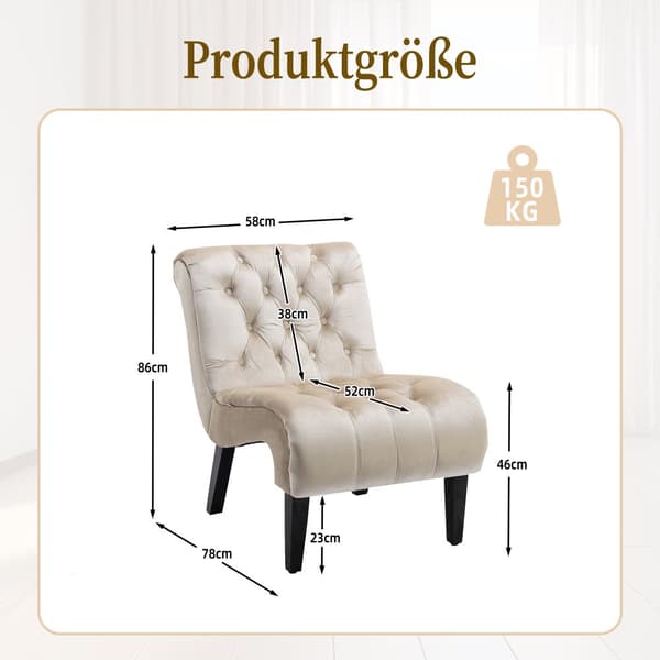 Moderne chaiselong i fløjl uden armlæn – Komfortabel loungestol med knapper og træben, polstret lænestol til soveværelse, stue eller kontor (Beige)