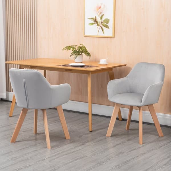 Grå minimalistisk matstol, 2 köksstolar med armstöd och ryggstöd, ytterklädsel i sammet, träben