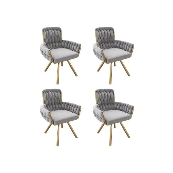 Matsalsstol i sammet, set med 4, fåtölj, snurrande loungestol med fyra metallben, grå
