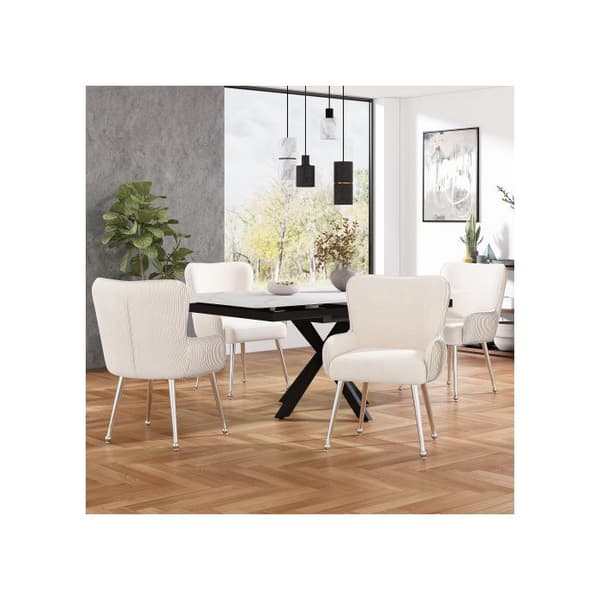 Stol i sammet för matbord, uppsättning av 2, med fyra ben i silverfärgad metall, länd stöds, beige