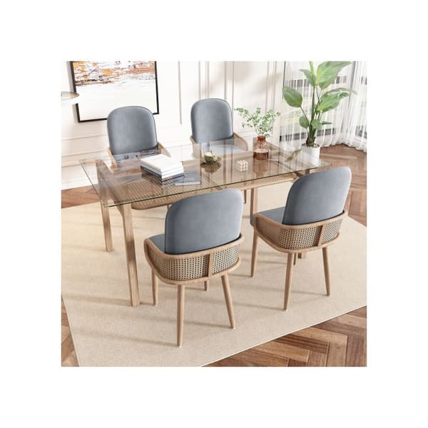 Velourmatstol, set om 6, design av rotting, vardagsrum, sovrum, Med fyra metallben (trälook), Grå
