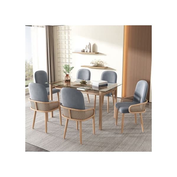 Velourmatstol, set om 6, design av rotting, vardagsrum, sovrum, Med fyra metallben (trälook), Grå