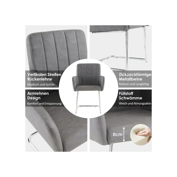 Stolar i matsal med vertikala ränder (set om 2), stoppade fåtöljer med metallben i zigzag, konstläder, grå
