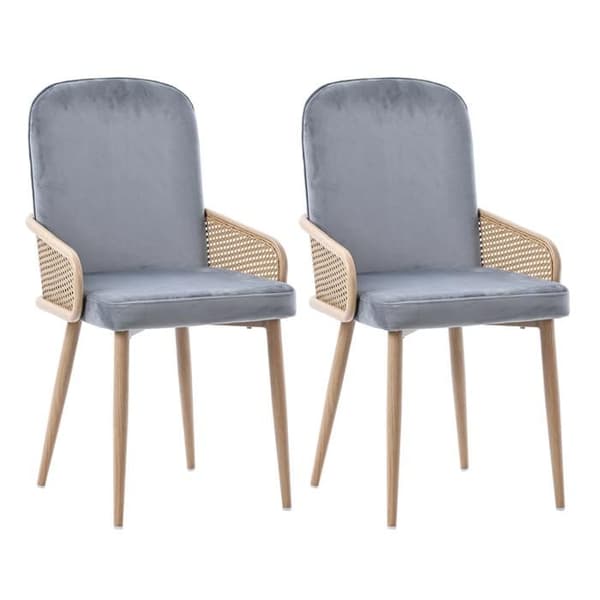 Velour matstol, 2-pack, rattan design, vardagsrum, sovrum, med fyra metallben (träeffekt) Grå