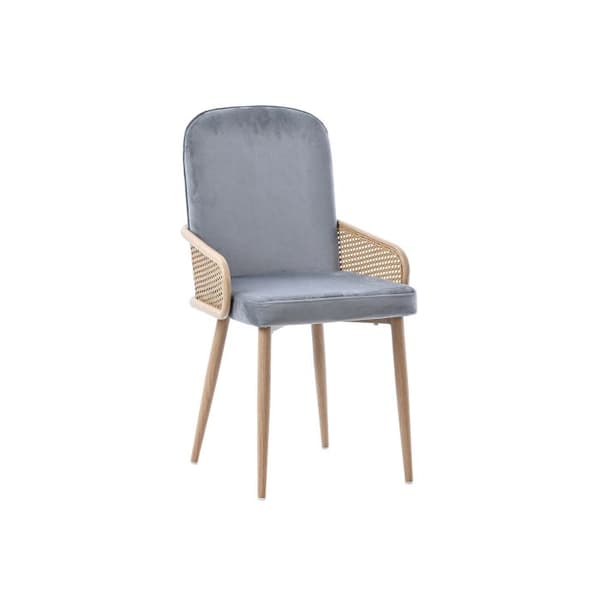Velour matstol, 2-pack, rattan design, vardagsrum, sovrum, med fyra metallben (träeffekt) Grå