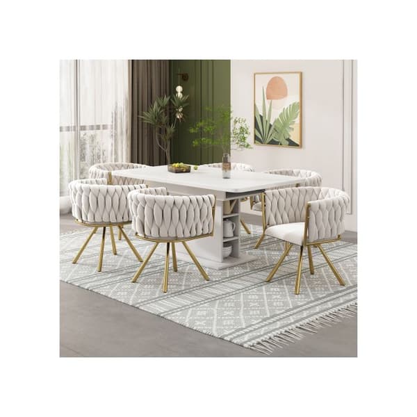 Säten i sammet för matsal, set om 2, med fyra metallben, beige och guld
