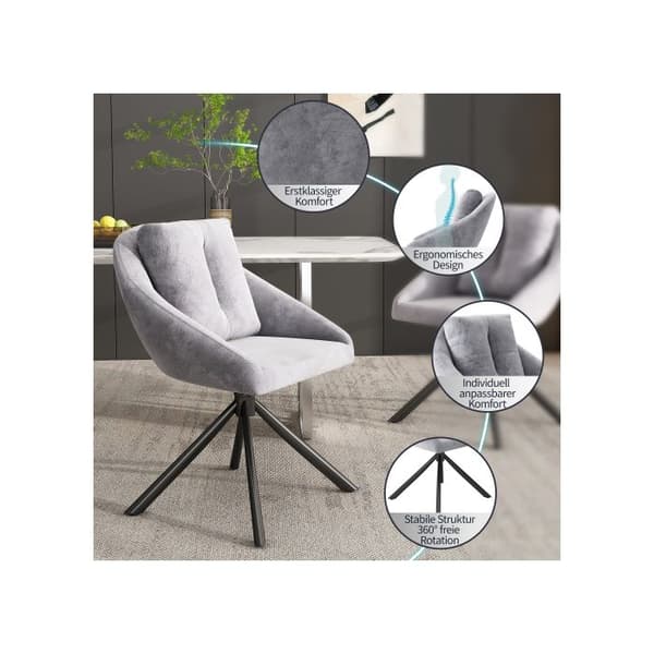 Modern matgruppstol i grå sammet, elegant och bekväm svängbar stol i andningsbart sammetstyg.