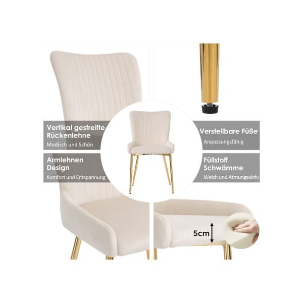 Matstol i sammet, set av 2, med fyra ben i guldmetall, ländryggsstöd, beige