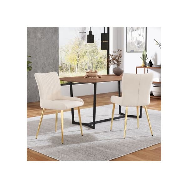 Matstol i sammet, set av 2, med fyra ben i guldmetall, ländryggsstöd, beige
