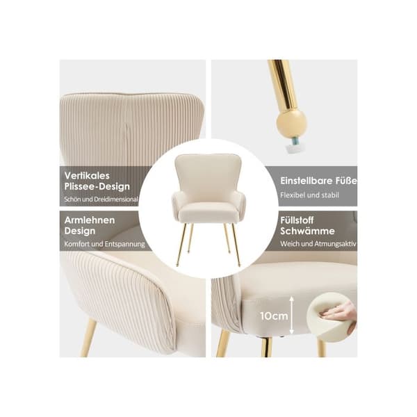 Matstol i sammet, set av 2, med fyra ben i guldmetall, ländryggsstöd, beige